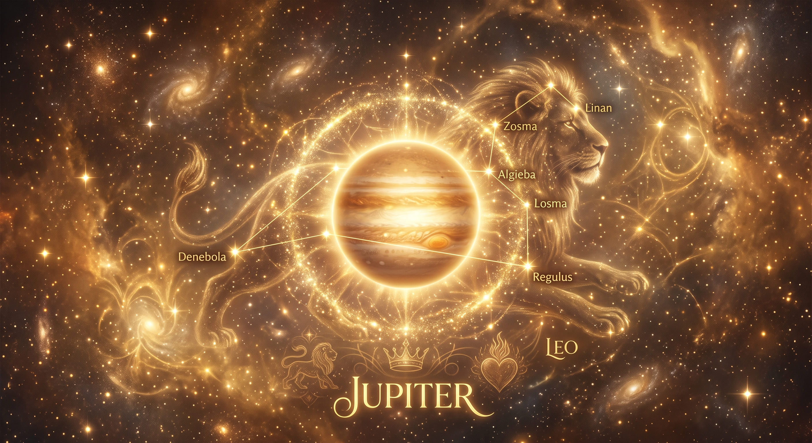 Radiant spiritual artwork representing Jupiter in Leo and the awakening of courage, creativity and abundance.